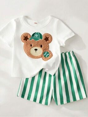 Toddler Boy Two Piece White & Green Bear Baseball Set - 12-18M
